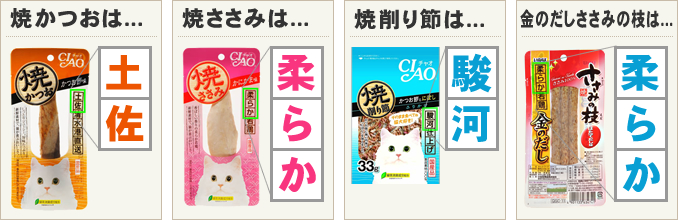焼きかつおは「土・佐」　焼きささみは「柔・ら・か」　焼削り節は「焼・津・港」　金のだし ささみの枝は「柔・ら・か」